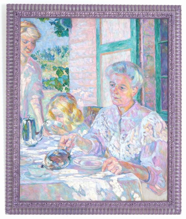 Dipinto olio su tela raff. ''LE TRE GENERAZIONI''. Francia. Inizi XX secolo. In...