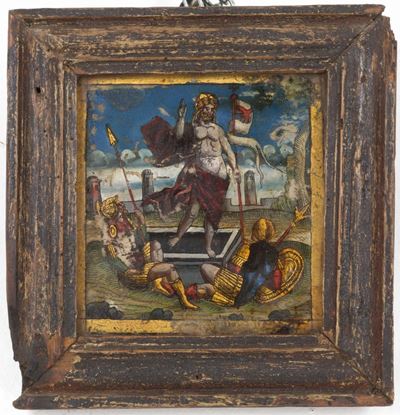 Piccolo Dipinto Olio Sotto Vetro Raff. ''resurrezione''. XVI Secolo. Difetti. ...