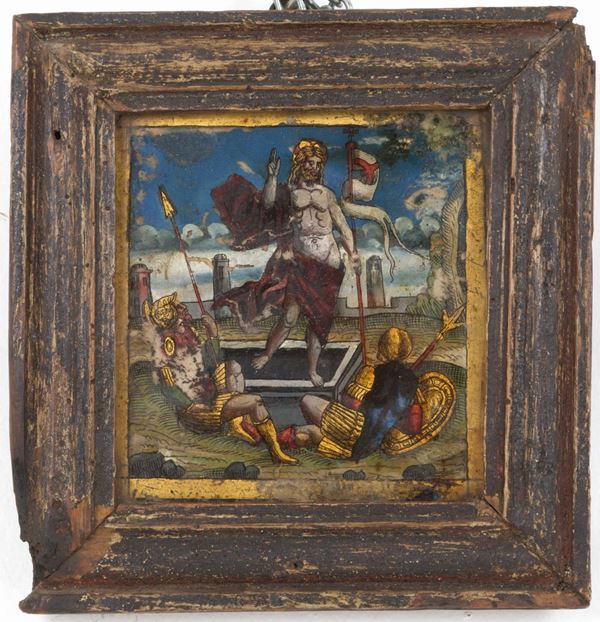 Piccolo dipinto olio sotto vetro raff. ''RESURREZIONE''. XVI secolo. Difetti. 
...