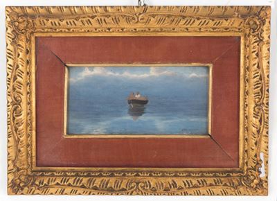 Dipinto Olio su Tavola Raff. ''barca con Pescatore''