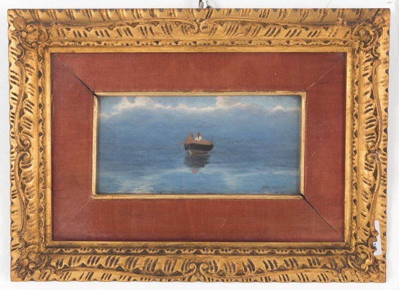 Eduardo Dalbono - Dipinto Olio su Tavola Raff. ''barca con Pescatore''