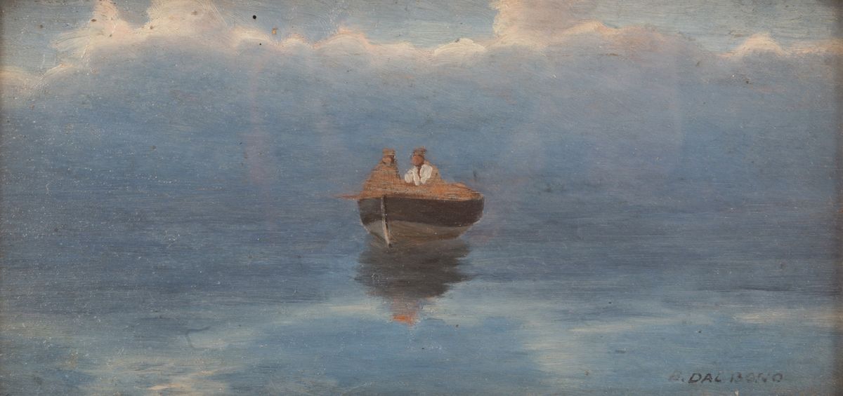 Eduardo Dalbono - Dipinto Olio su Tavola Raff. ''barca con Pescatore''