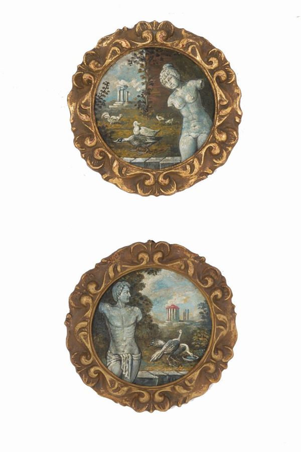 Coppia di piccoli dipinti ad olio su rame raff. ''PAESAGGIO CON FIGURE DI MARMO...
