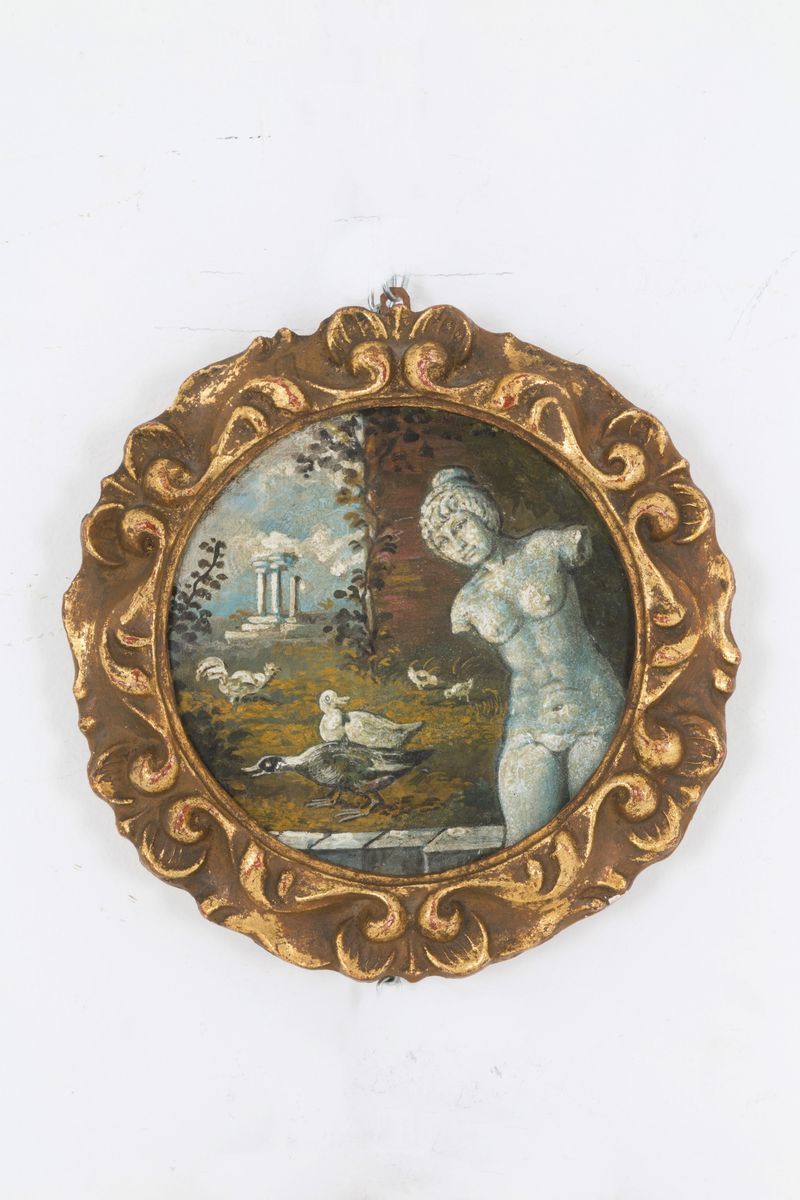 Coppia di Piccoli Dipinti Ad Olio su Rame Raff. ''paesaggio con Figure di Marmo...