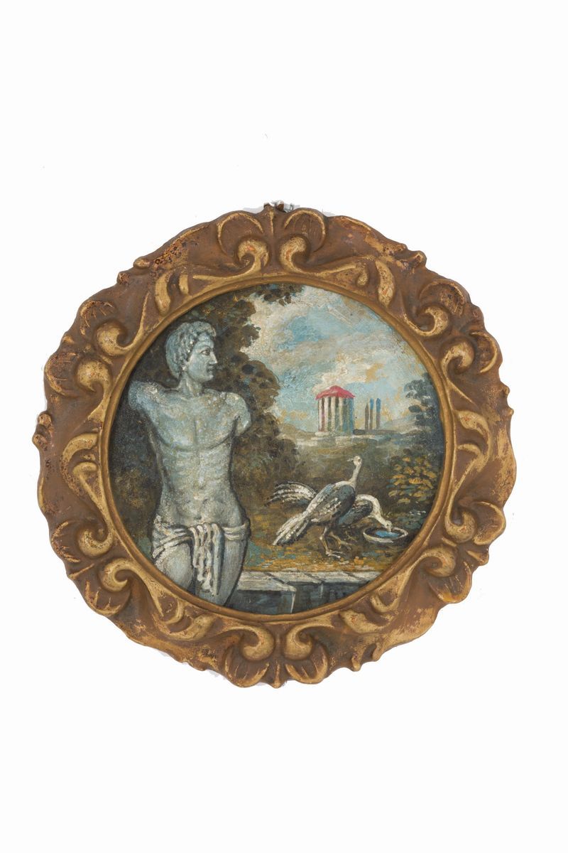 Coppia di Piccoli Dipinti Ad Olio su Rame Raff. ''paesaggio con Figure di Marmo...