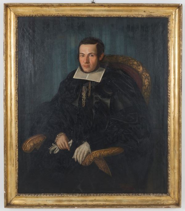 Dipinto olio su tela raff. ''GENTILUOMO''. XIX secolo. In cornice. Restauri. Gi...