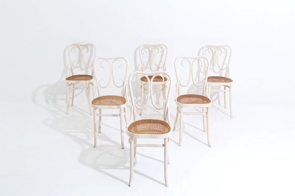 Six chairs in white lacquered wood with straw seat
