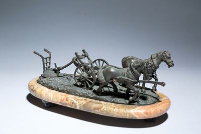 Scultura in Bronzo Raff. ''due Cavalli che Trainano un Aratro''. Base in Marmo....