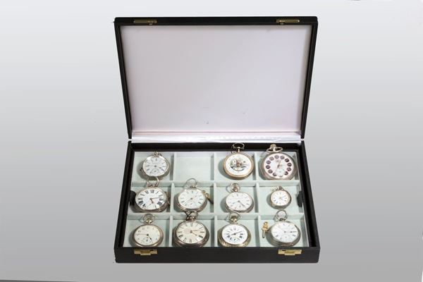 Undici orologi da tasca in argento. XIX secolo. Misure varie. ...