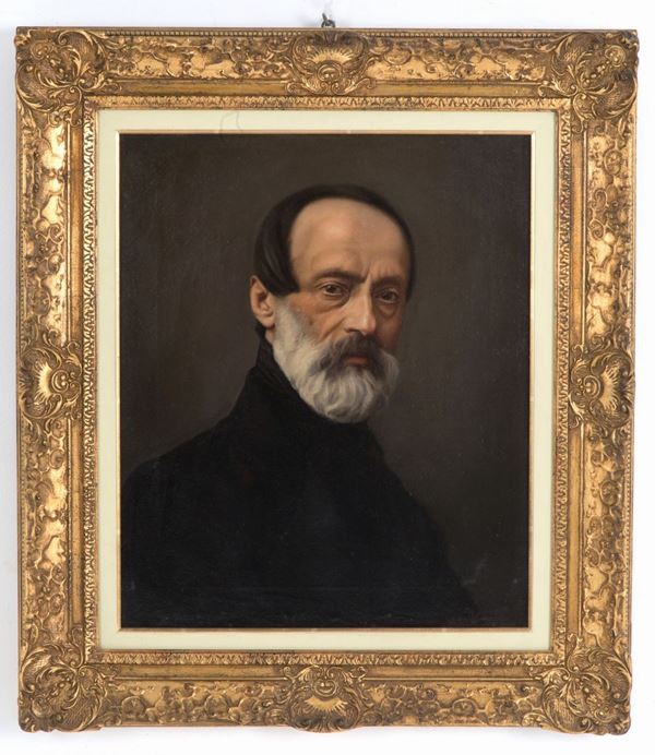 Dipinto olio su tela raff. ''RITRATTO DI MAZZINI''. XIX secolo. In cornice dora...