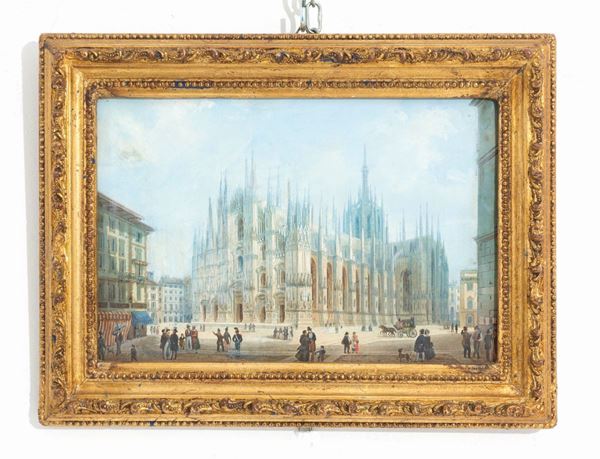 Incisione acquarellata su carta raff. ''DUOMO DI MILANO''. Stampato da Genevres...