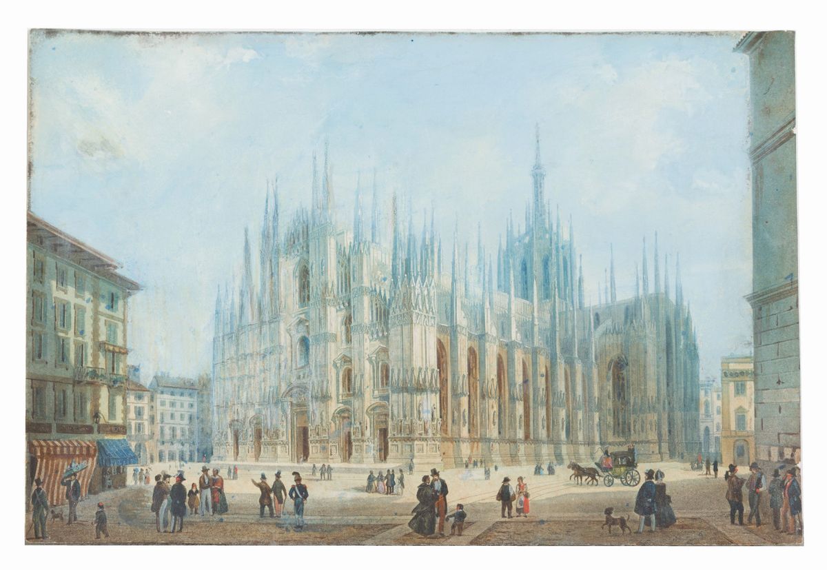 Incisione Acquarellata su Carta Raff. ''duomo di Milano''. Stampato da Genevres...