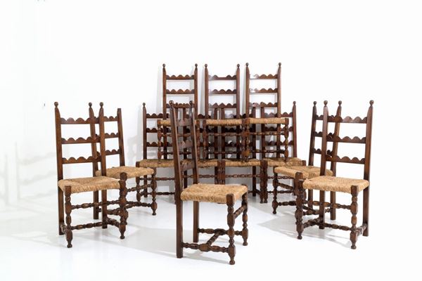 GIO PONTI - GIO PONTI (Attr.) (Milano, 1891-1979). Dodici sedie in legno con sedute in pagl...