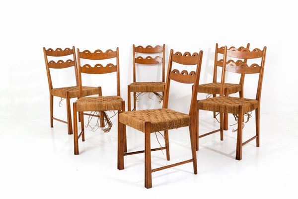PAOLO BUFFA - Sei sedie in legno con seduta in corda. Difetti....