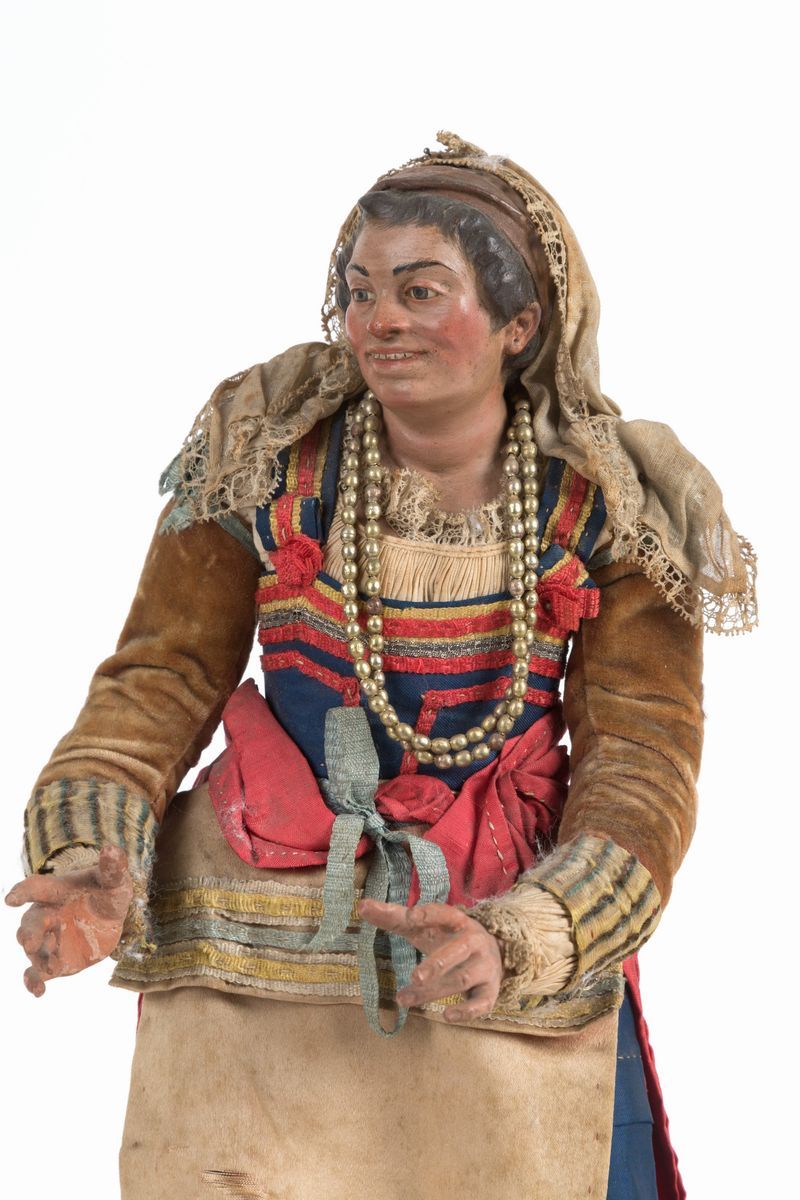 Pastorella in Terracotta, Legno, Paglia e Vestiti Originali. Napoli. XVIII Seco...