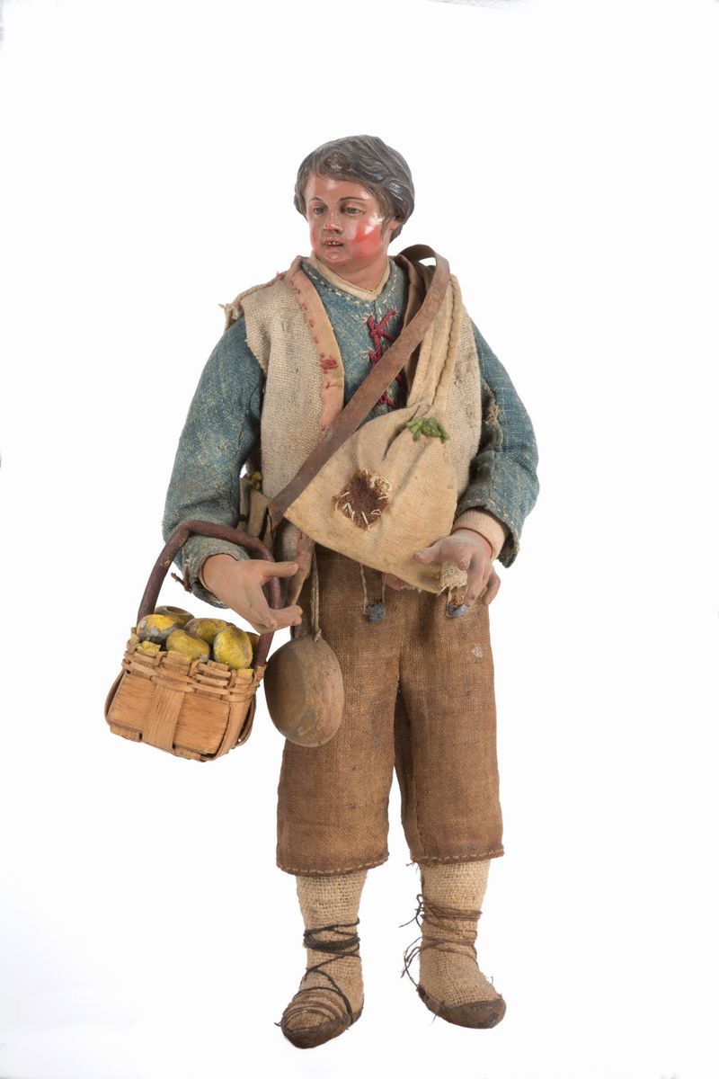 Contadino con Cesto di Mele in Terracotta, Legno, Paglia e Vestiti Originali. N...