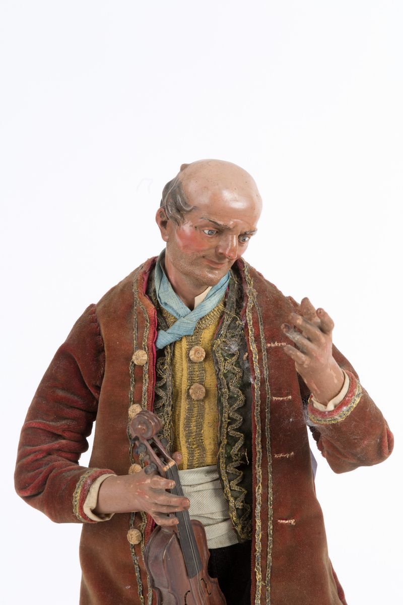 Suonatore di Violino in Terracotta, Legno, Paglia e Vestiti Originali. Napoli. ...
