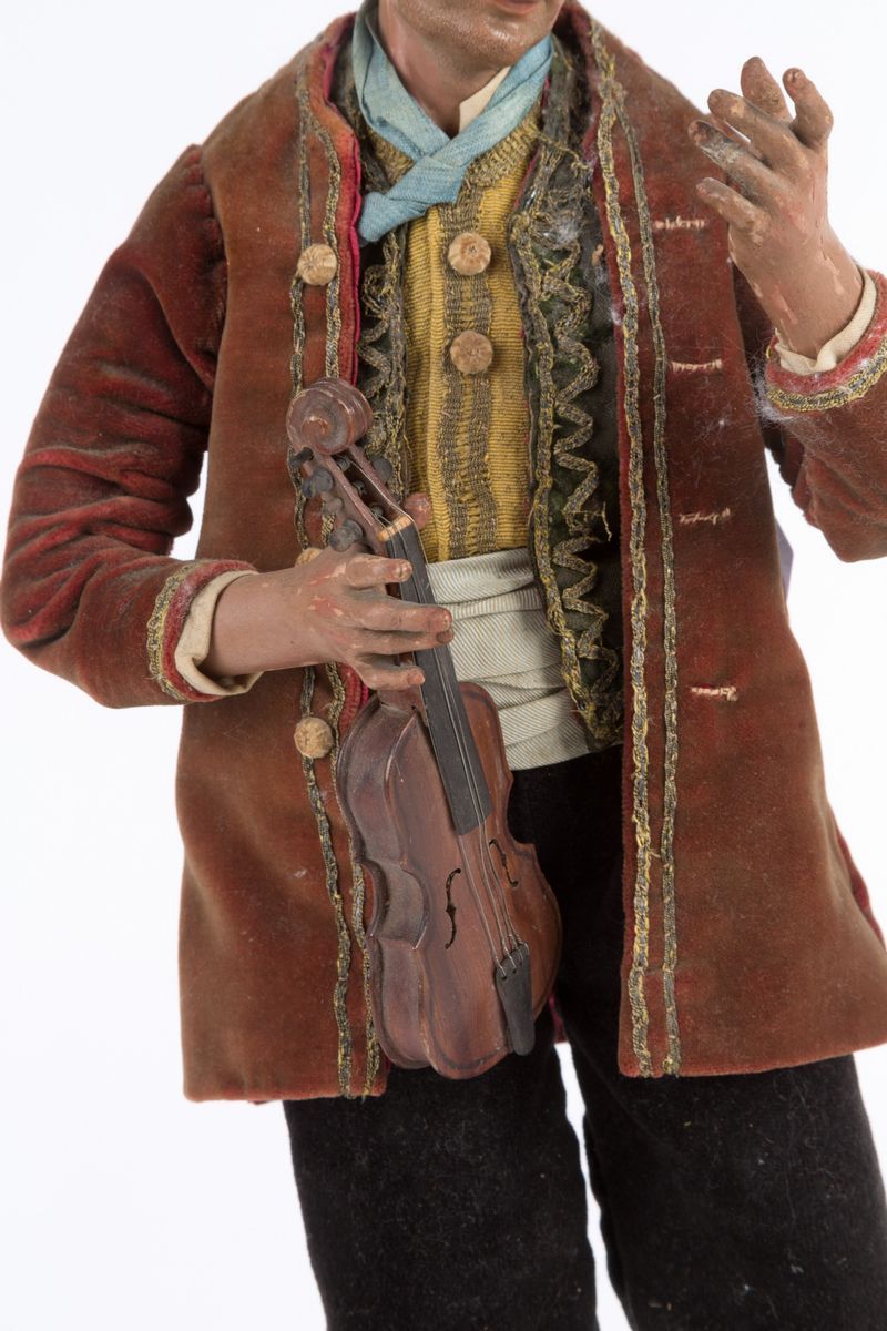 Suonatore di Violino in Terracotta, Legno, Paglia e Vestiti Originali. Napoli. ...