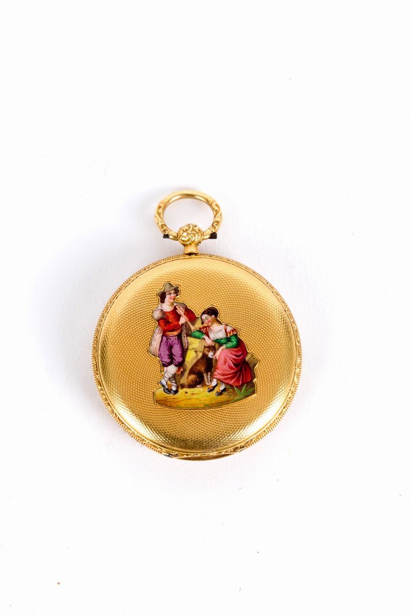 Orologio da Tasca a Ripetizione in Oro Giallo con Dipinto a Smalto Raff. ''scen...