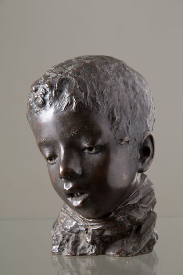 VINCENZO GEMITO - VINCENZO GEMITO (Napoli, 1852-1929). Scultura in bronzo raff. ''TESTA DI BAMBINO''