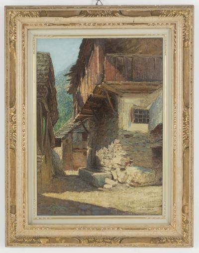 Dipinto Olio su Tela Raff. ''baite in Montagna''