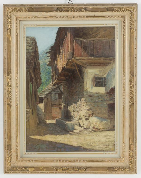 CARLO COSTANTINO TAGLIABUE - Dipinto olio su tela raff. ''BAITE IN MONTAGNA''