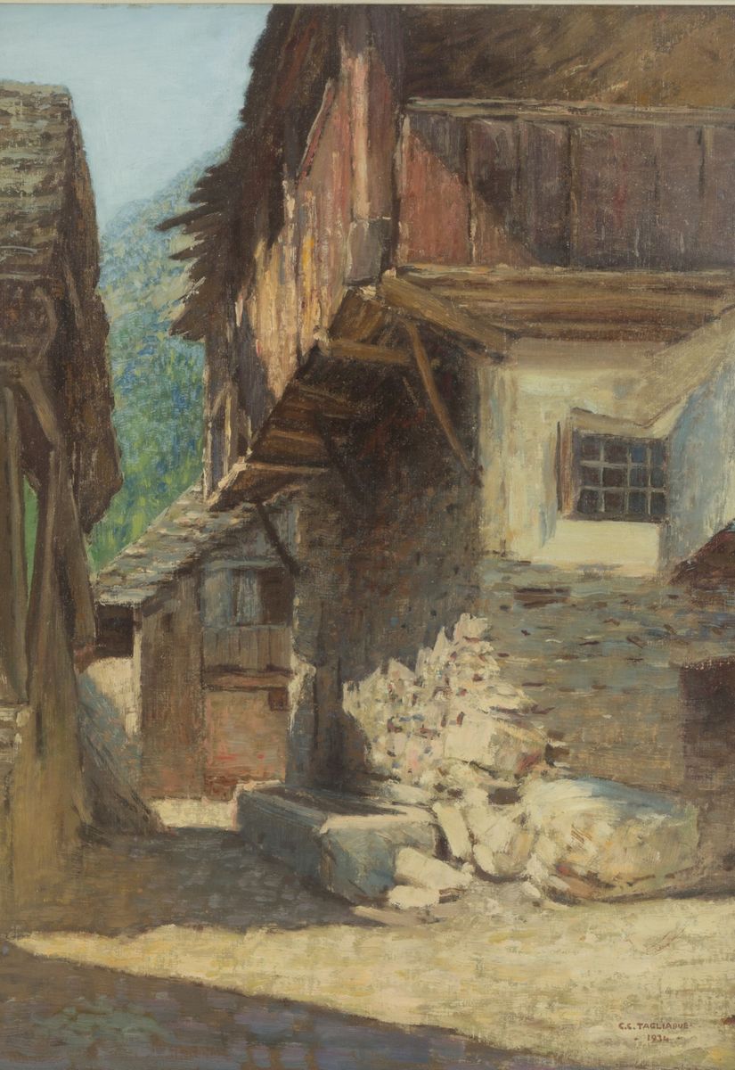 Carlo Costantino Tagliabue - Dipinto Olio su Tela Raff. ''baite in Montagna''