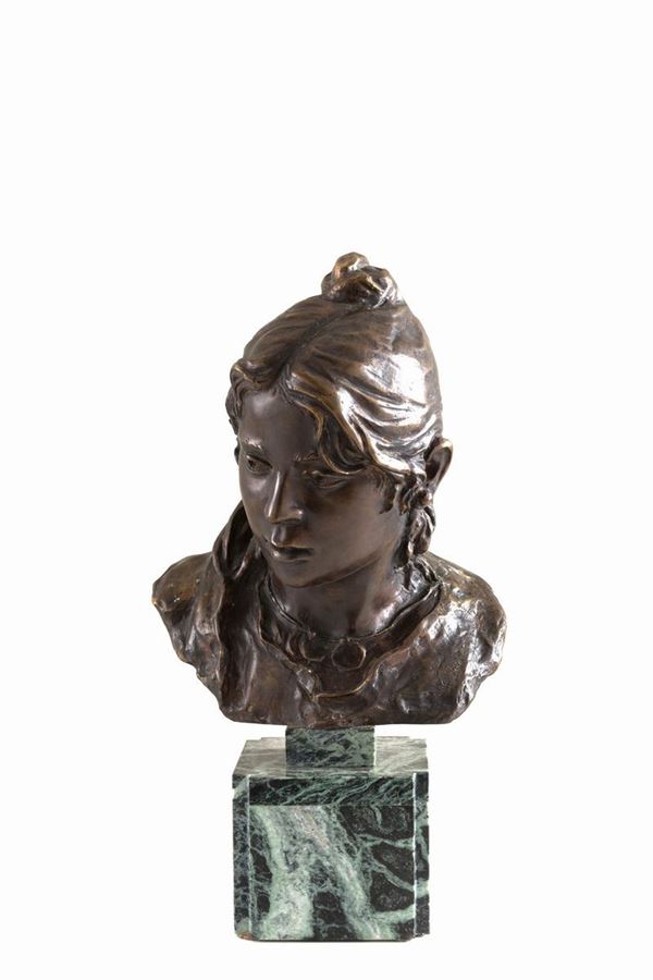 GIACOMO MORETTI - GIACOMO MORETTI (Spalato, 1843). Scultura in bronzo raff. ''BUSTO DI GIOVINCELLA''