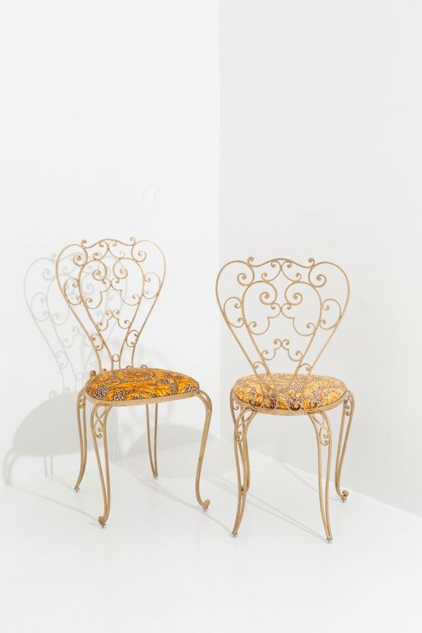 Coppia di sedie in metallo e tessuto fashion. Manifattura italiana. Anni '50....