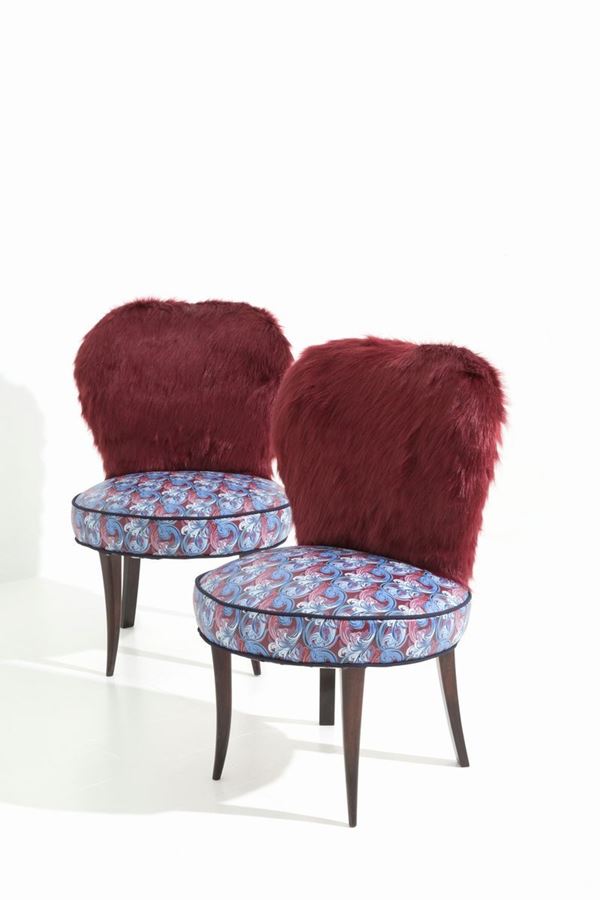 Coppia di poltroncine in vera pelle fashion e pelliccia ecologica. Anni '50....