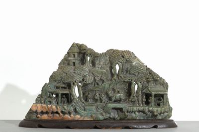 Scultura in Pietra Saponaria nei Toni del Verde Raff. ''scena di Vita Orientale...