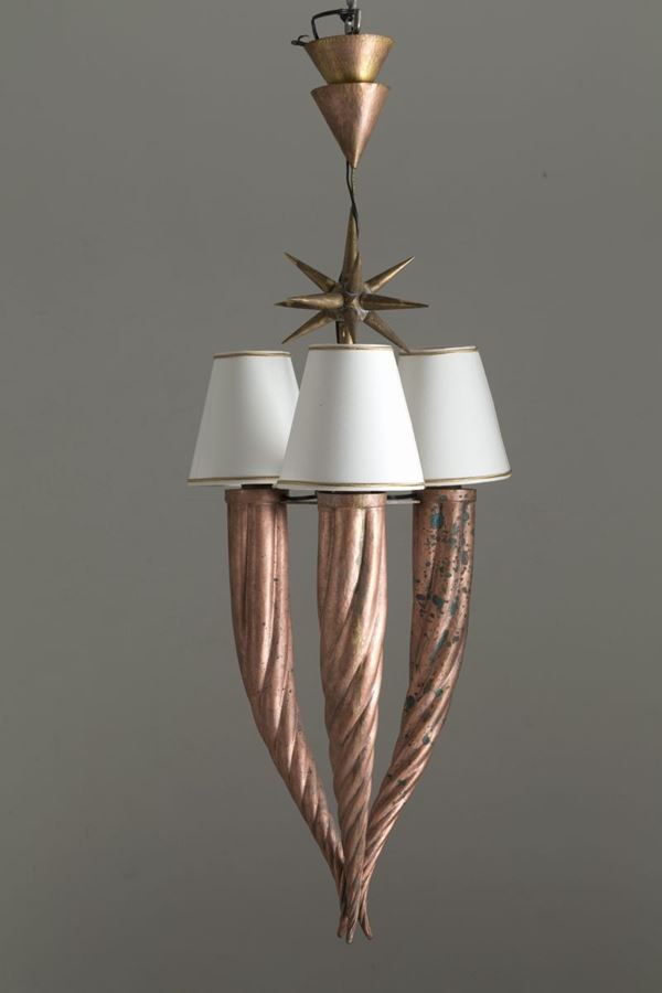 PAOLO BUFFA - PAOLO BUFFA (Milano, 1903-1970). Lampadario tre luci in rame e ottone. Anni '40...