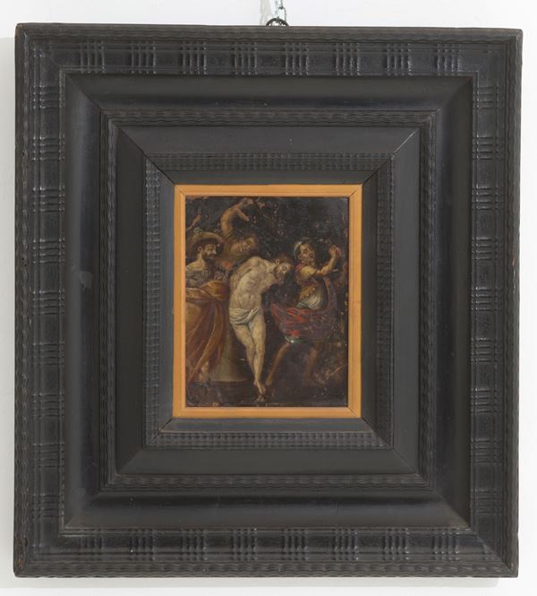 Dipinto olio su rame raff. ''LA FLAGELLAZIONE DI CRISTO''. XVII secolo. In corn...