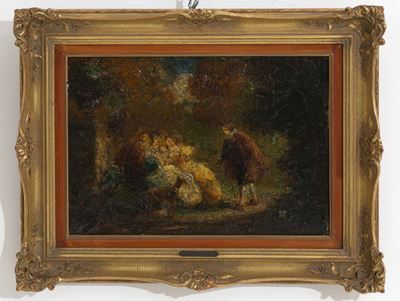Dipinto Olio su Tavola Raff. ''scena Galante nel Parco''
