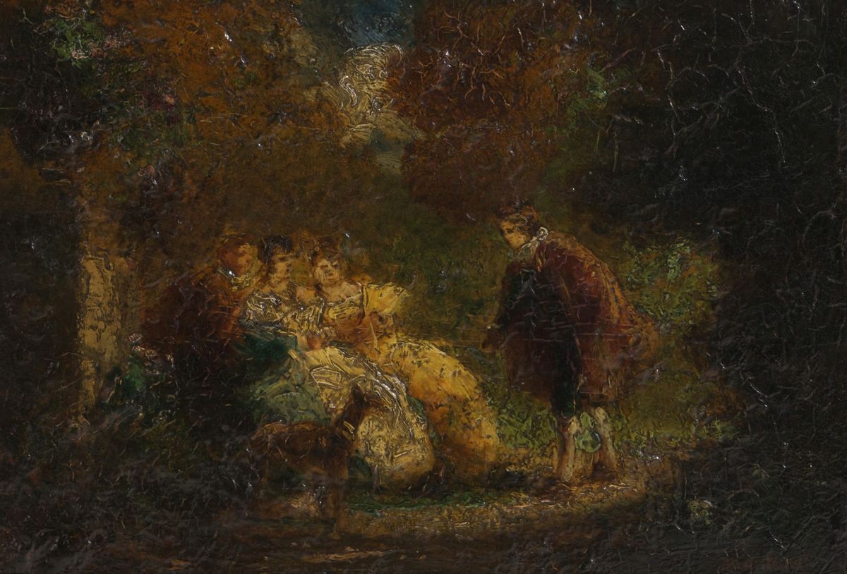 Adolphe Monticelli - Dipinto Olio su Tavola Raff. ''scena Galante nel Parco''