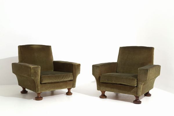 MARCO ZANUSO - MARCO ZANUSO (Attr.) (Milano, 1916-2001). Due poltrone con struttura in legno e...
