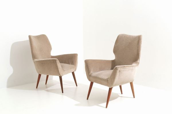 Two armchairs in wood and beige velvet