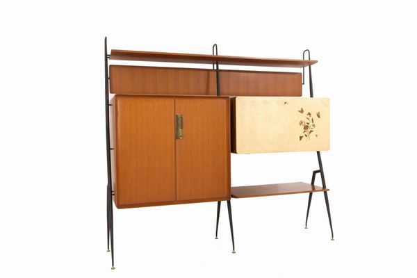 SILVIO CAVATORTA. - Bar bookcase in wood, brass, iron and parchment
