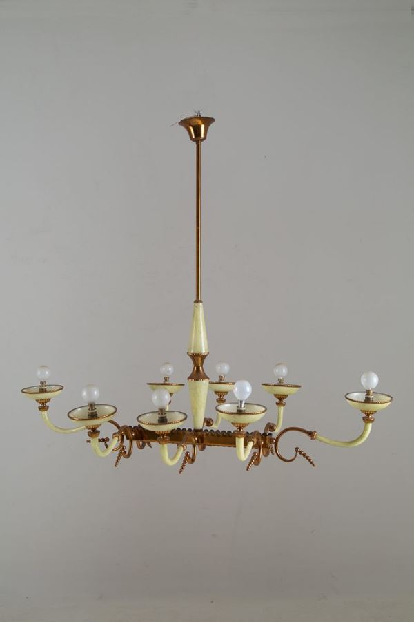 Lampadario a barca otto luci in vetro e ottone. Anni '50....