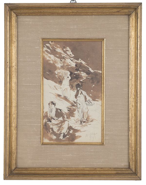 POMPEO MARIANI - Acquarello ''FIGURE IN MONTAGNA''