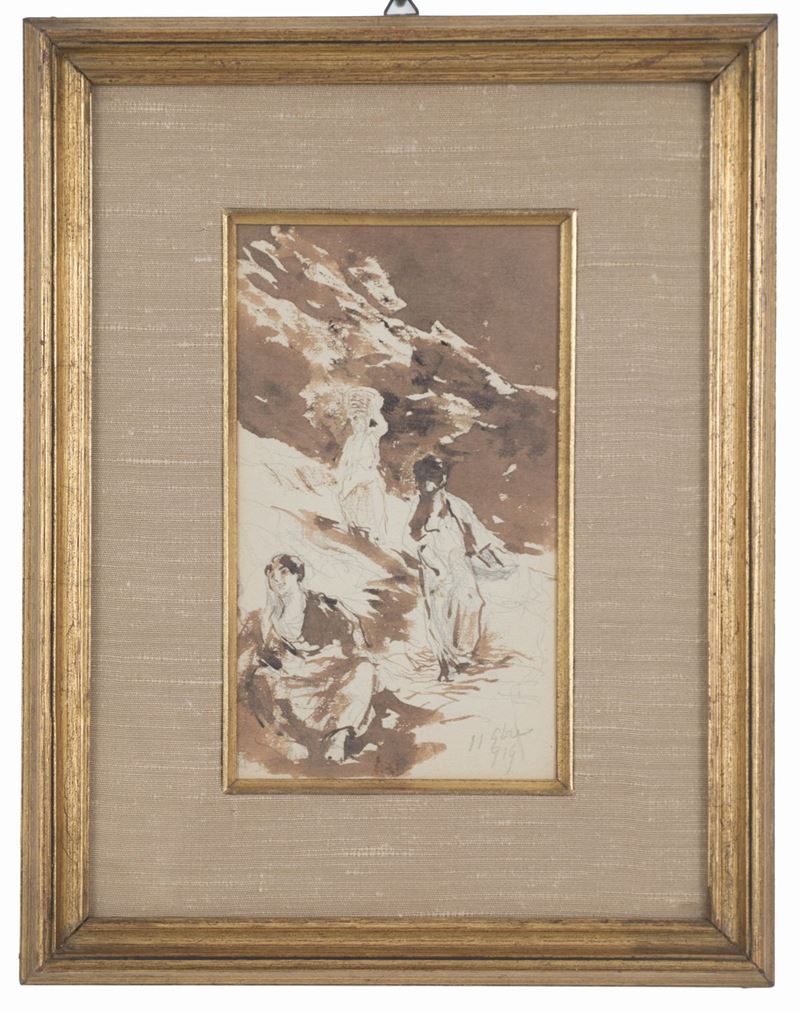 Pompeo Mariani - Acquarello ''figure in Montagna''