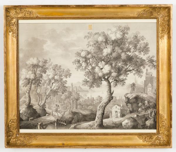 Acquarello a monocromo su carta raff. ''SCENA CAMPESTRE''. XVIII secolo. In cor...