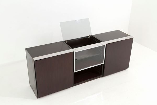Sideboard da centro in legno, acciaio cromato e vetro