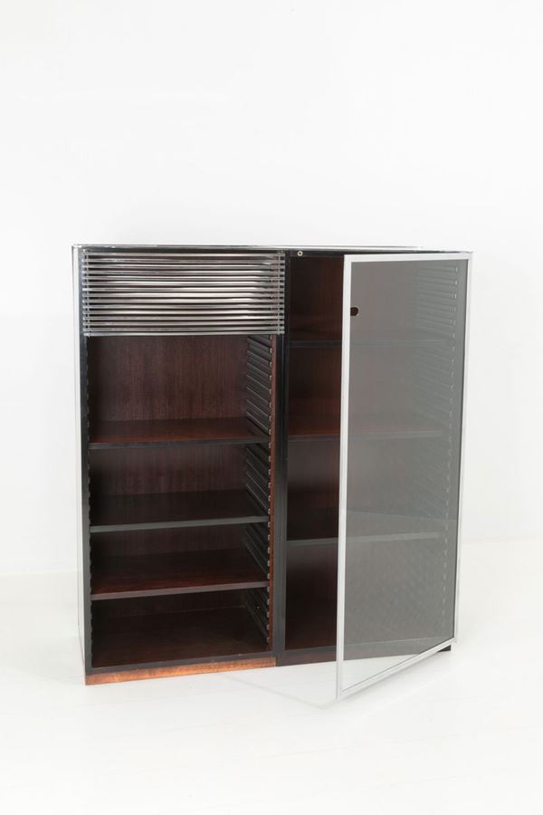 Display cabinet in wood, black stained wood, chromed steel and glass