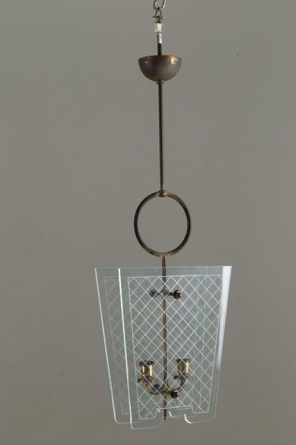 Lampadario in vetro e ottone. Anni '30....