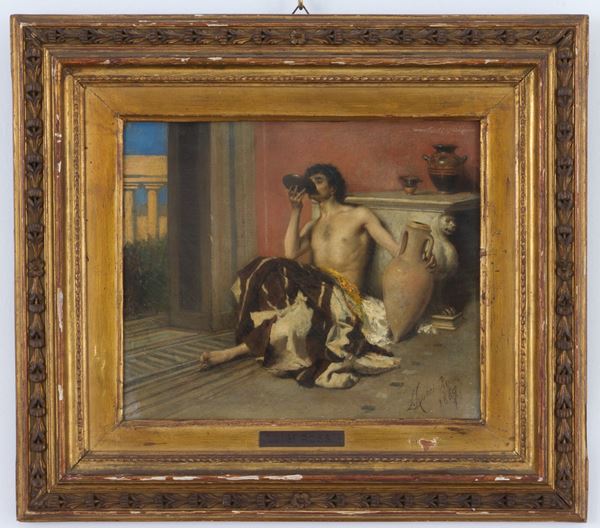 Dipinto olio su tela raff. ''NUDO DI UOMO CHE BEVE''. Firmato L. ROSSI e datato...
