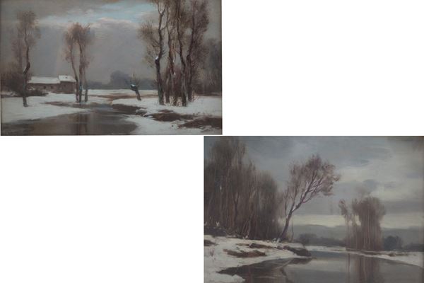 FRANCESCO BOSSO - Coppia di dipinti ''PAESAGGI INNEVATI''