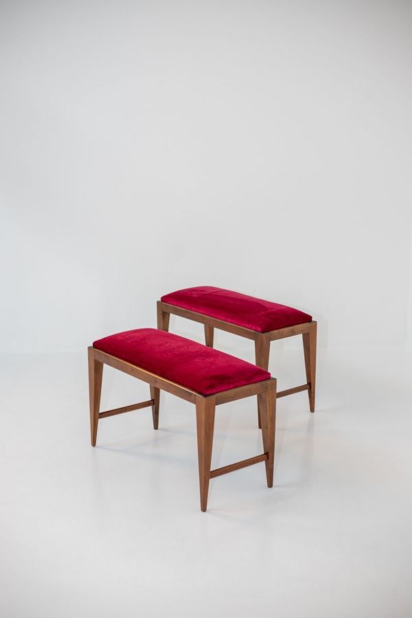 Pair of benches in walnut and red velvet