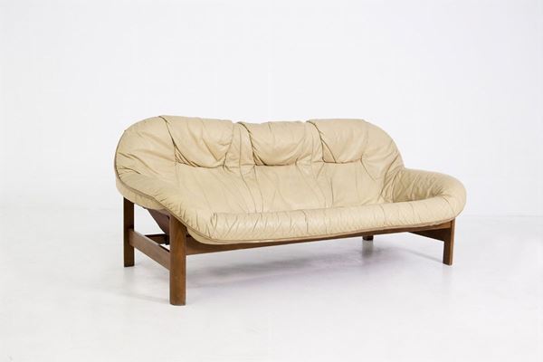 Two seater sofa in wood and beige leather