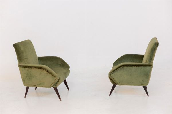 Pair of green velvet armchairs
